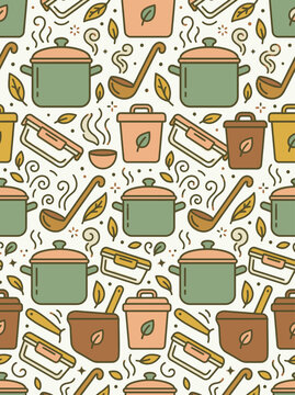 Pattern illustration of cooking pots and utensils in playful design