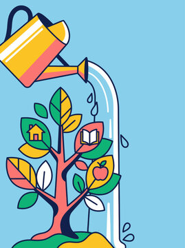Colorful illustration of a watering can nurturing a vibrant community tree