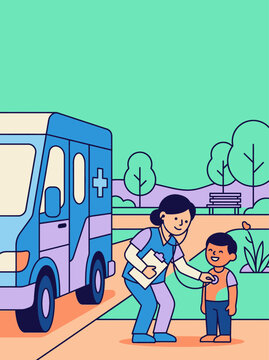 Healthcare worker supporting a child outside an ambulance in community park