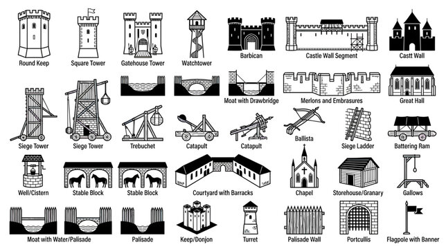 Medieval Castle Siege and Defense Elements Vector Icons