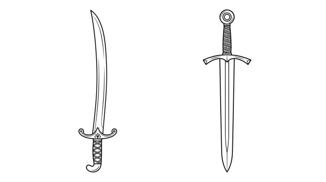 Two antique swords isolated on white background, line art