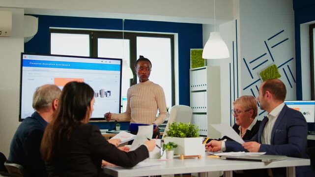 Finance, presentation and teamwork with businesswoman reviewing revenue charts on a large dashboard while colleagues follow reports in boardroom for analysis, planning, strategy and discussion.