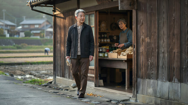 Elderly man walking past a traditional wooden shop in a quiet rural village