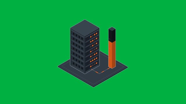 Isometric GPU server rack icon with load gauge on green screen