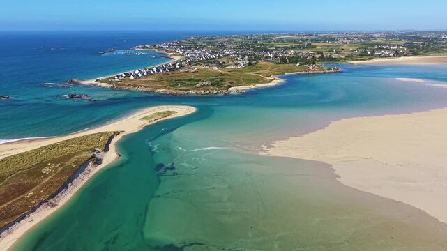 Aerial view of the dune landscape and sandy beach, Plage de Keremma and Kernic Bay near Plouescat on the Breton coast. The image captures the dynamic interplay of sandbanks, shallow watercourses and 