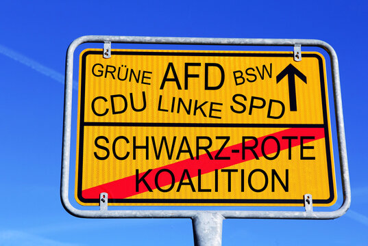 Schild mit der Regierung in Deutschland. Die schwarz-rote Koalition und mit welchen Parteien wird es weiter gehen