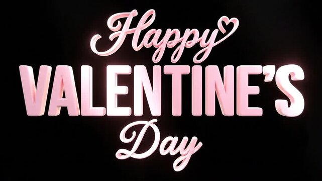 Pink Happy Valentines Day text on a black background. Suitable for valentines, romance, greetings, events, and animations.
