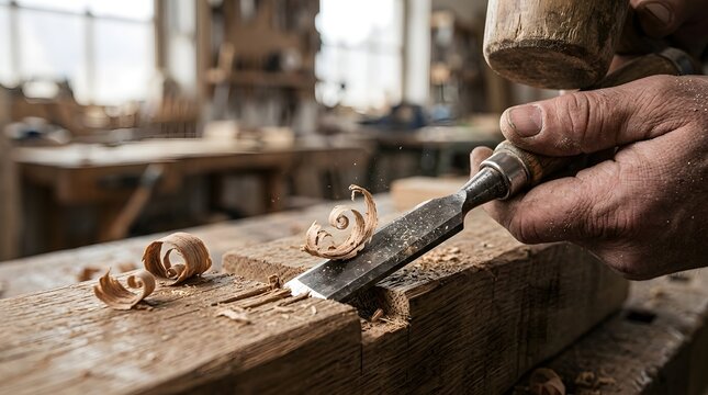 Close up of a skilled carpenter's hands carving a precise wooden notch joint with a metal chisel and mallet in a traditional workshop, creating thin wood shavings on a rustic timber beam.