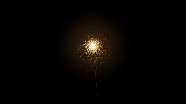 Burning sparkler with bright flying sparks on black background, overlay seamless loop