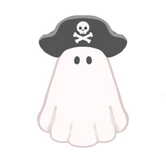 Naklejka premium Cute ghost wearing black pirate hat with skull and crossbones, flat cartoon illustration in soft