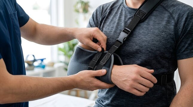 Professional physiotherapist or doctor applying a medical shoulder sling to a male patient's arm to support a bone fracture or dislocation injury during a rehabilitation session in a clinic.