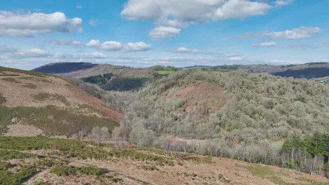Farms and Woods over East Dartmoor National Nature Reserve from a drone, Yarner Wood, Lustleigh, Newton Abbot, Devon, England, United Kingdom