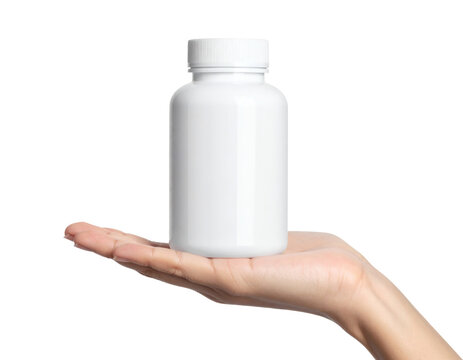 White pill bottle held in human hand for medical supplement or vitamin product advertising mockup on transparent background