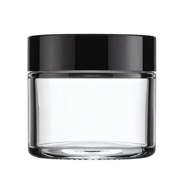 Empty cosmetic glass jar with black glossy lid for cream or beauty product packaging isolated on transparent background