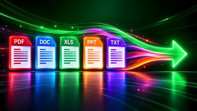 Document transfer and file conversion concept with glowing PDF DOC XLS PPT TXT icons and green neon arrow