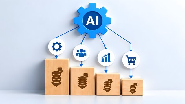 Artificial intelligence cost reduction concept with blue AI gear and wooden blocks showing decreasing expenses
