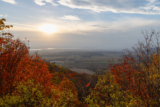 Sunset over hazy valley with autumn foliage trees. Autumnal landscape at Champlain Lookout in Gatineau Park, Canada