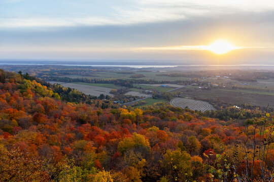 Champlain Lookout in Gatineau Park, Canada. Autumn landscape and countryside during sunset.