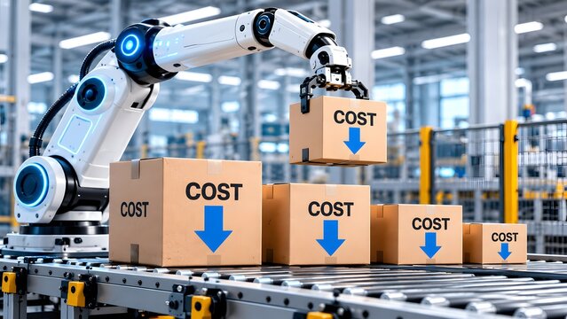 Industrial automation cost reduction concept with robotic arm lifting cardboard box with downward arrow on belt