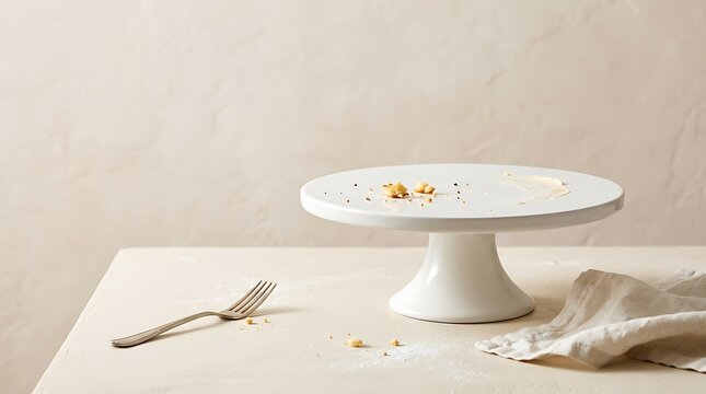 404 food concept with empty cake stand and crumbs on a table representing lost dessert or missing sweet treat