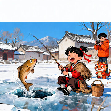 Fun Winter Ice‑Fishing Scene In Snowy Chinese Village