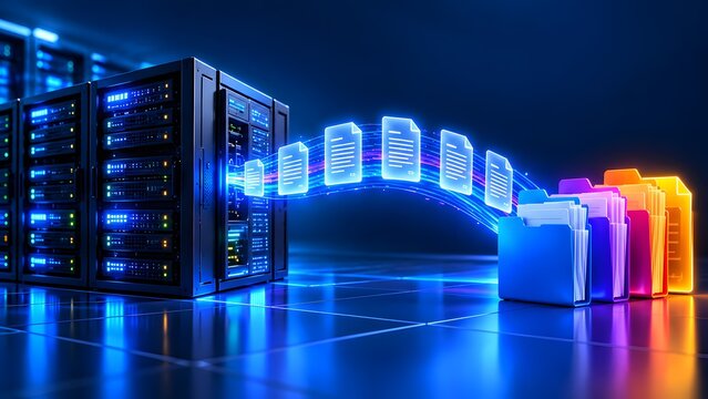 Data migration and server backup concept with glowing document icons flowing from colorful folders into data center rack