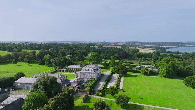 Antony House from a drone, Woodland Garden and Woodland Walk, Torpoint, Cornwall, England, United Kingdom