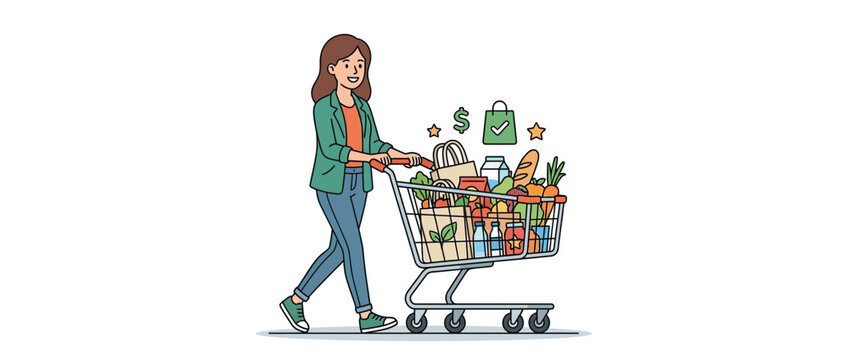 Woman pushing full shopping cart with groceries