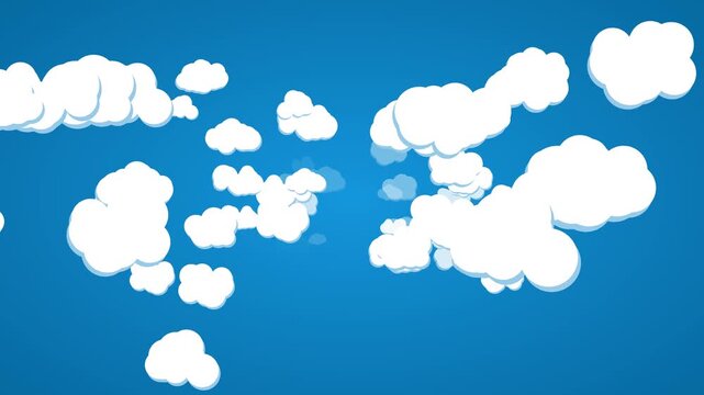 Seamless loop of cartoon style clouds flying towards the camera with a sense of depth and 3D parallax effect.