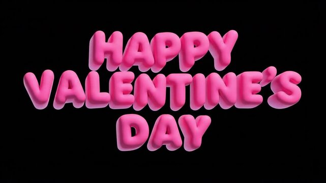 Pink Happy Valentines Day text on a black background. Suitable for valentines, romance, greetings, events, and animations.