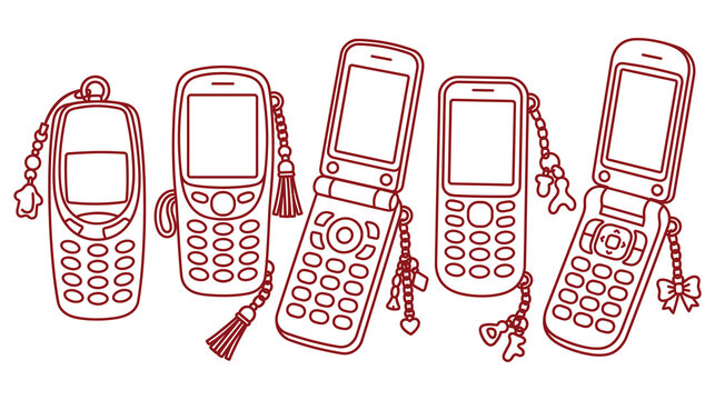 Set of retro flip phone line art illustrations with cute charms and vintage mobile bodies.
