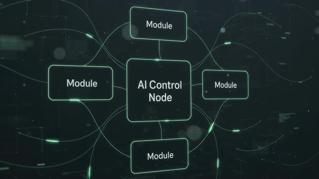 Flowchart diagram showing central AI control node connecting to surrounding functional modules