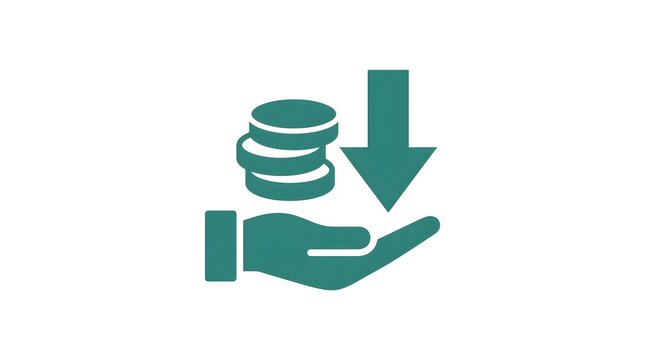 Minimalist Green Hand Receiving Coin Stack with Downward Arrow Vector Icon for Income Cashback Salary and Cost Reduction Concept