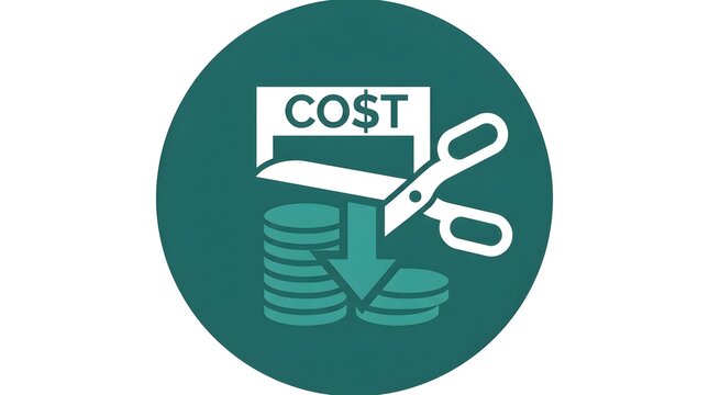 Cost Reduction Concept Icon with Scissors Cutting Cost Word Above Coin Stack inside Teal Circle Badge Vector Illustration