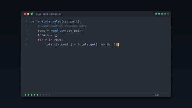 Python code typing itself in a dark editor window with syntax highlighting, seamless programming loop