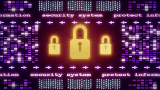 Abstract 3d animation of glowing digital padlocks with binary data and security system text for cyber security concept