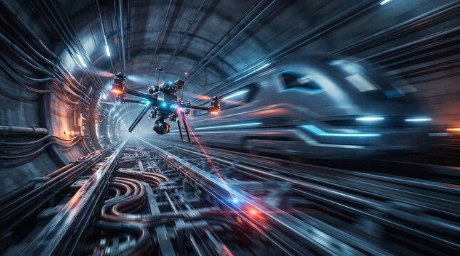 Futuristic inspection drone examining a high-speed magnetic rail system, using autonomous sensors to monitor tracks, electromagnetic components, and infrastructure.