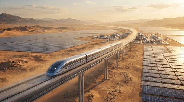Futuristic maglev train racing through a smart city corridor with electromagnetic tracks, advanced skyscrapers, and high-speed urban transportation infrastructure.