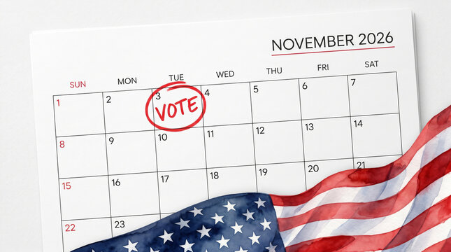 Midterm elections 2026 calendar vote reminder. American us election campaign. voting polling ballot, government democracy freedom, patriotic citizen banner