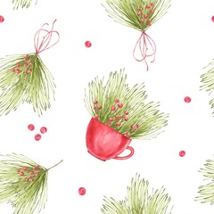 Christmas watercolor pattern with red mugs holding pine sprigs and berries, alongside hanging greenery tied with delicate bows. Suitable for Christmas cards, New Year greetings and gift wrapping. © Evgeniia