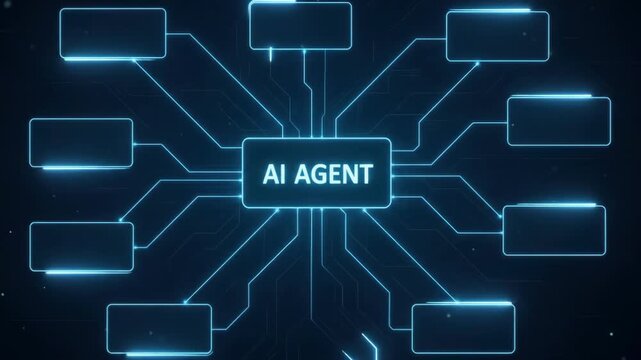 Glowing blue digital network diagram branching from central AI agent to multiple workflow blocks