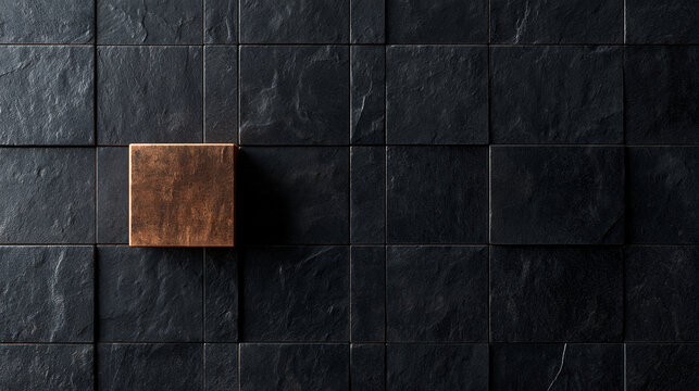 Unique Metallic Block Standing Out on Black Slate Wall