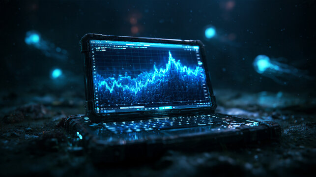 Rugged Laptop with Financial Stock Market Chart Underwater