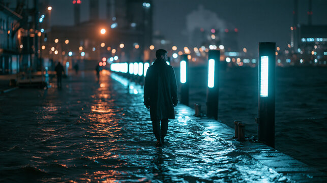 Man in Coat Walking Along Wet Pier at Night