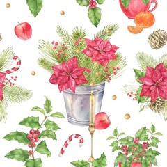 Christmas watercolor pattern with red poinsettias, decorated mugs, golden candles, holly, pine branches, berries and candy canes. Suitable for Christmas cards, New Year greetings and gift wrapping. © Evgeniia