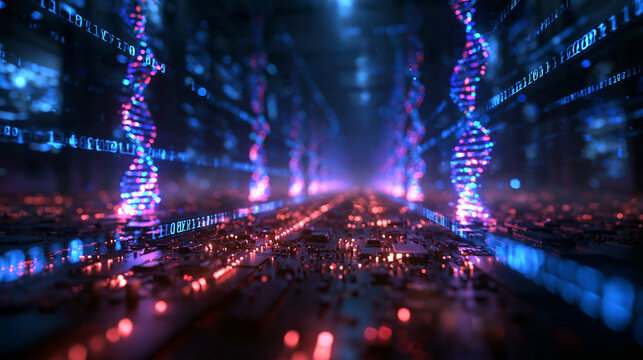 Futuristic Bioinformatics Concept with Glowing DNA and Digital Circuitry
