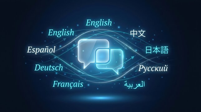 Glowing speech bubbles float against a dark blue background featuring international text.