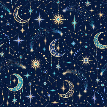 Seamless celestial Christmas pattern with golden moon and starry night sky