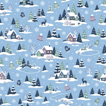 Nordic winter village seamless pattern with snowy houses and pine trees