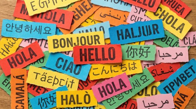 Many colorful paper scraps with international greetings are scattered on a flat surface.